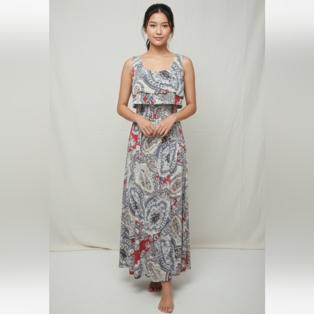 Grisbi Blue Gray Sleeveless Maxi Dress Paisley Boho Layered Festival S